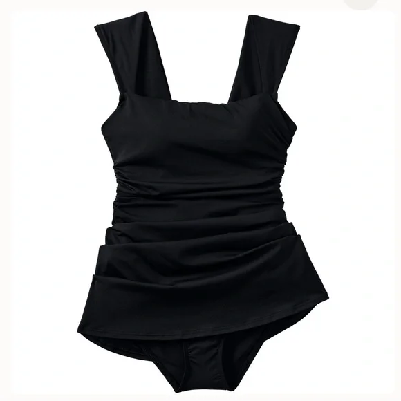 Lands end Square Neck Ruched Swim Dress Swimsuit Black - Picture 7 of 8